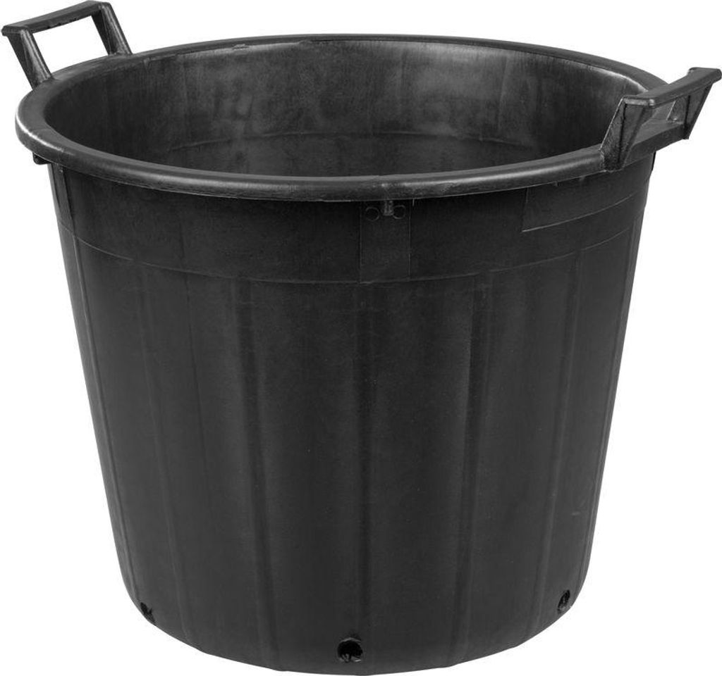 A black plastic tub with two handles and a ribbed exterior, shown against a white background.