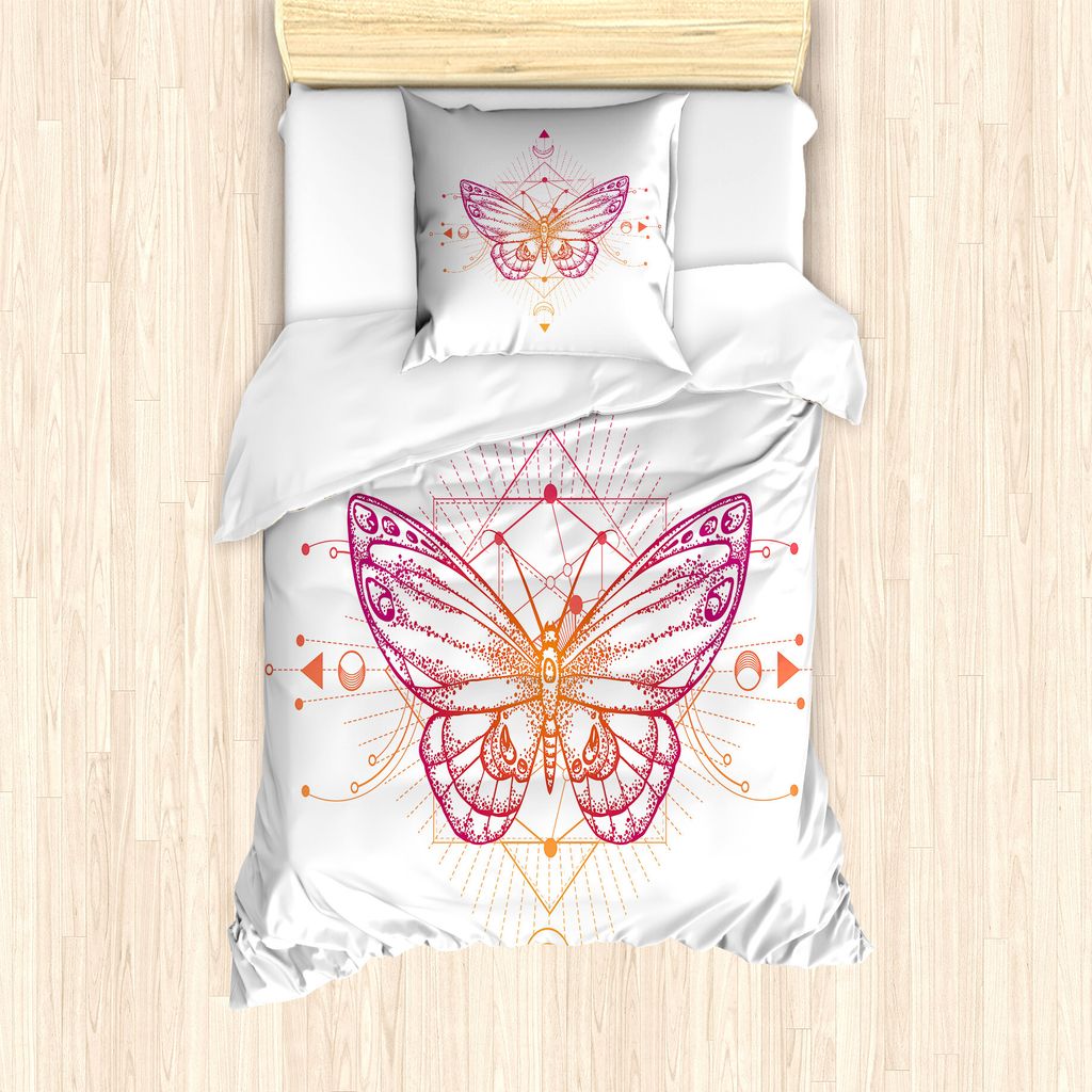 ABAKUHAUS Geometrie Bettbezug Set für Einzelbetten, Schmetterling Boho Art, Milbensicher Allergiker geeignet mit Kissenbezug, 135 cm x 200 cm - 80...