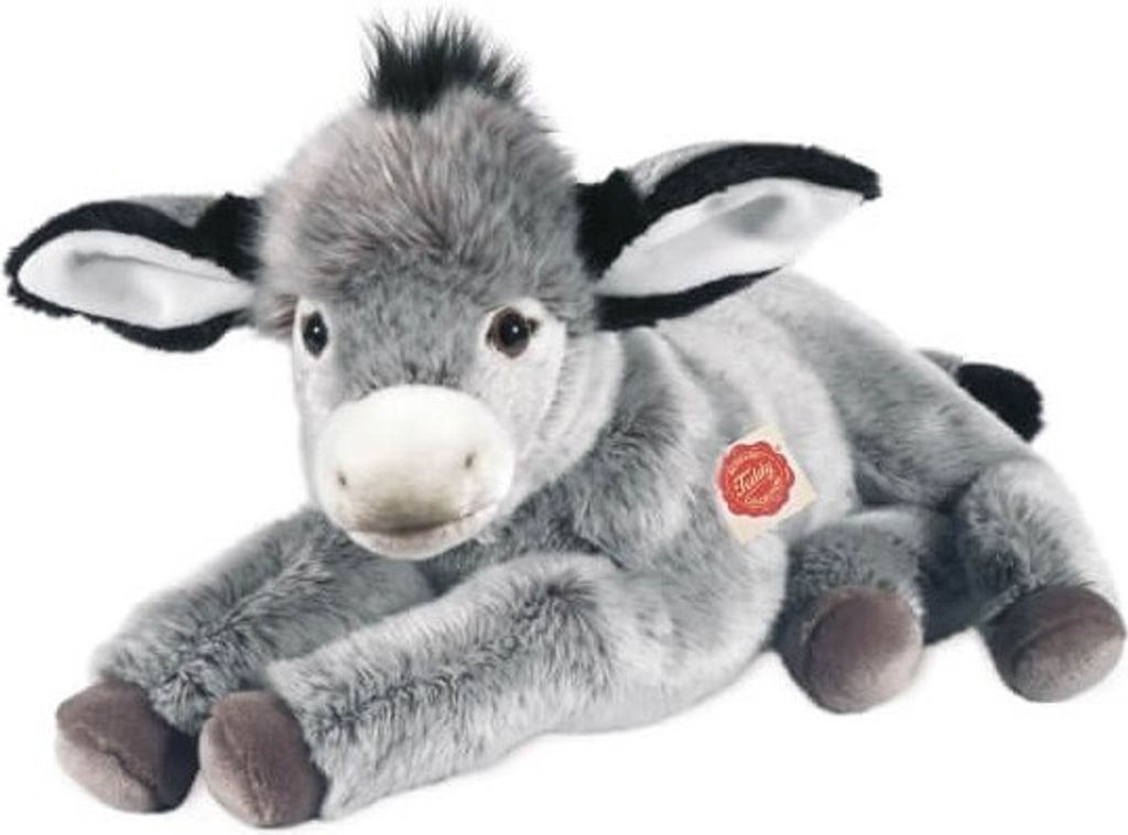 A plush toy donkey lying down, isolated on a white background.