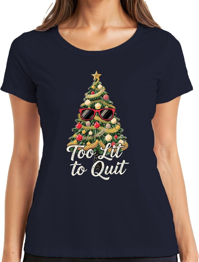 Too Lit to Quit Weihnachtsbaum Sonnenbrille Weihnachten lustig Damen T-Shirt, Navy, M