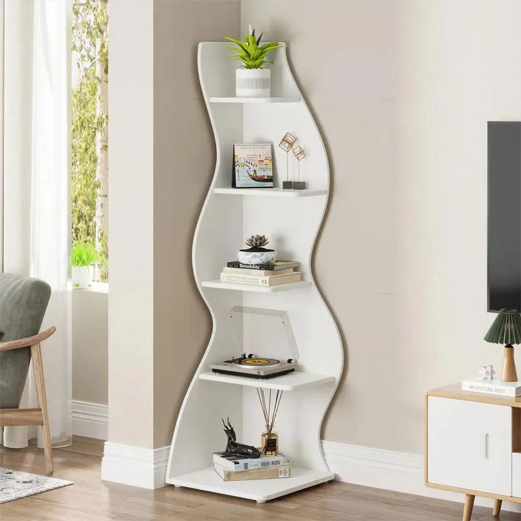 Bibliothèque d'angle 5 étagères en bois blanc, design robuste 174 cm haut - 2