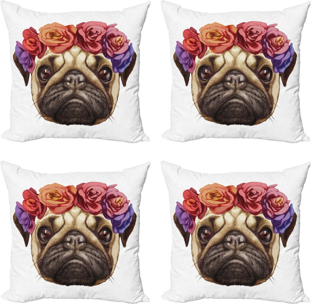 ABAKUHAUS Mops Kissenbezug Set (4 Stück), Blumenkopf Kranz Fun, Moderner Doppelseitiger Digitaldruck, 45 cm x 45 cm, Pale Brown Lila, Rot,