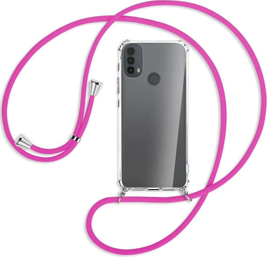Handykette Backcover-Schutzhülle mit Band (Metall silberfarben) für Motorola Moto E30, Moto E40 - hot pink