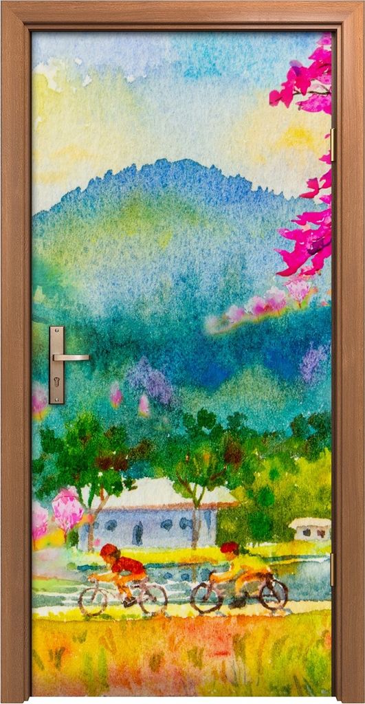 Türposter 90x200 cm Türaufkleber Türtapete Türfolie Klebefolie Blume rosa Fahrräder Kind Dorf Wiese