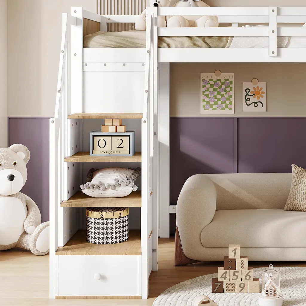 Meuble combiné lit surélevé avec bureau et bibliothèque en bois blanc - 6