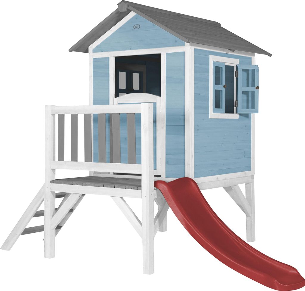 AXI Spielhaus Beach Lodge XL in Blau mit Rutsche in Rot | Stelzenhaus aus Holz für Kinder | Kleiner Spielturm für den Garten