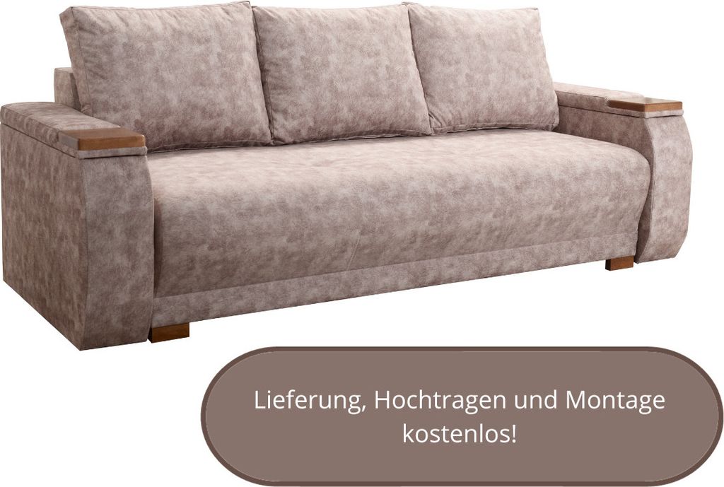 Sofa NIKE PREMIUM mit Schlaffunktion, Bettkasten, Schlafsofa, Schlafcouch, Bonellfederkern, 3 Sofakissen -verschiedene Farben - Beige