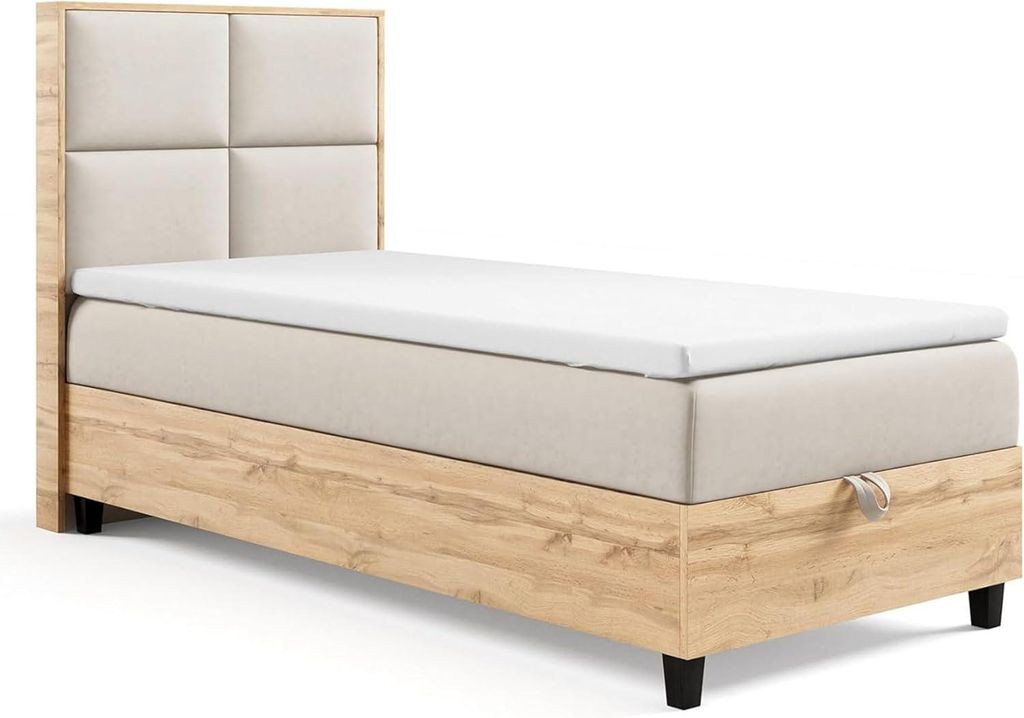 Trinity K-2 Einzelbett 90x200 Beige | Boxspringbett mit Bettkasten | Bonellfederkern & Topper | Polsterbett mit Kopfteil | Lieferung Bordsteinkante