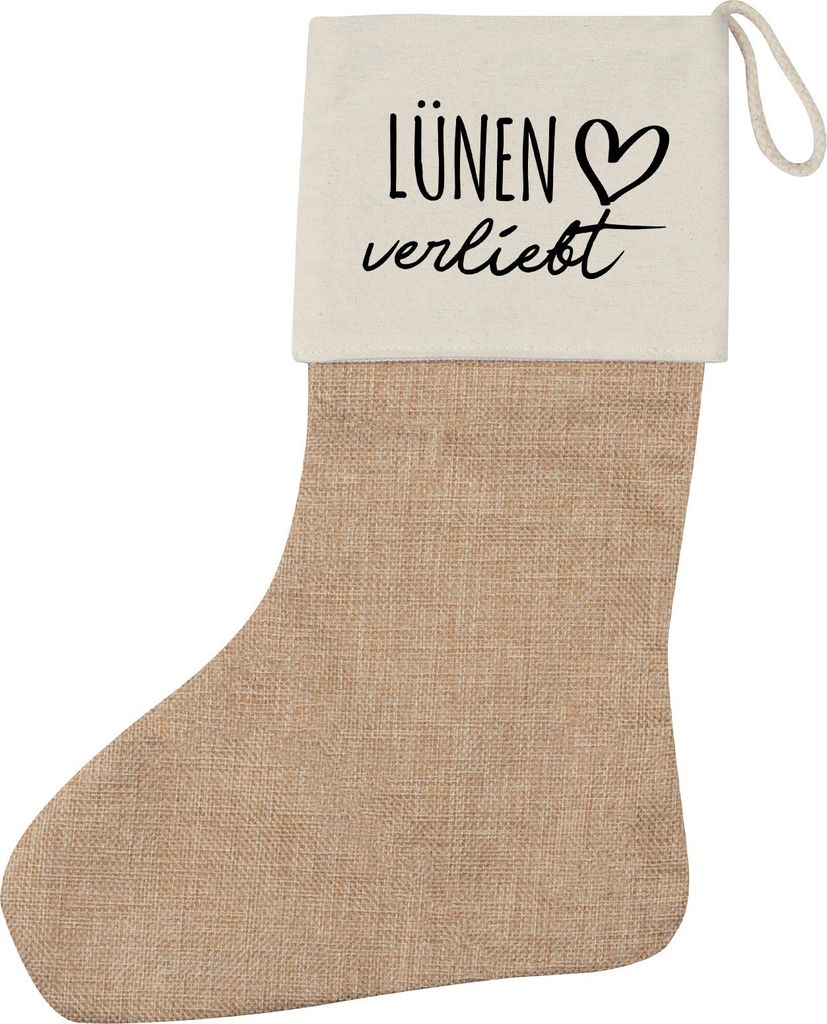 Huuraa Weihnachtsstrumpf Lünen verliebt Beige Jute Kaminstrumpf Geschenkidee