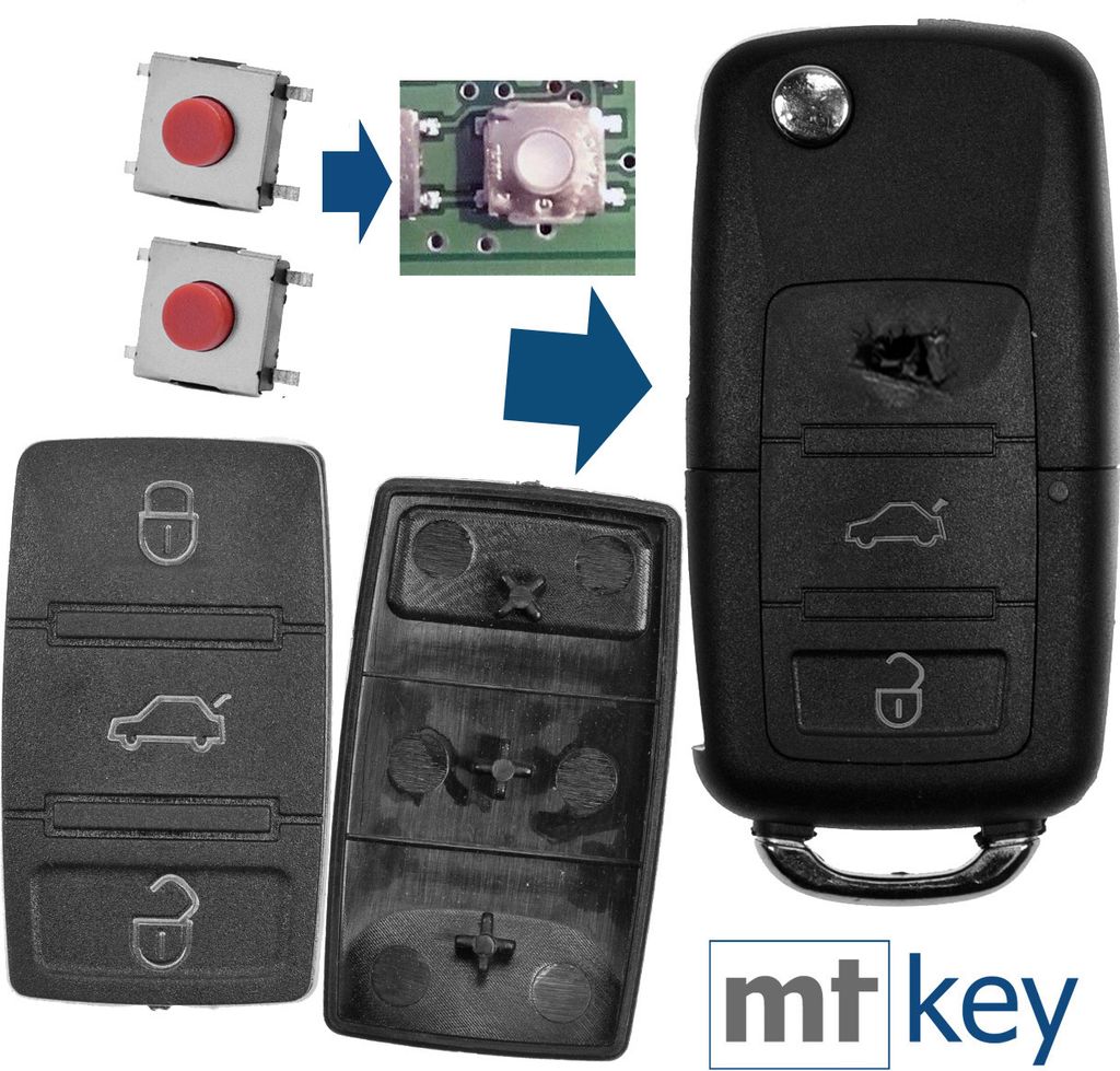 Auto Klapp Schlüssel Funk Fernbedienung Repair Reparatur Set 2X 3 Tasten Tastenfeld + 2X Mikrotaster kompatibel mit VW Seat Skoda