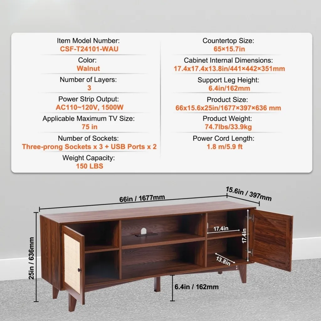 Support TV 191 cm noyer et rotin véritable - Meuble TV Boho long format - 7