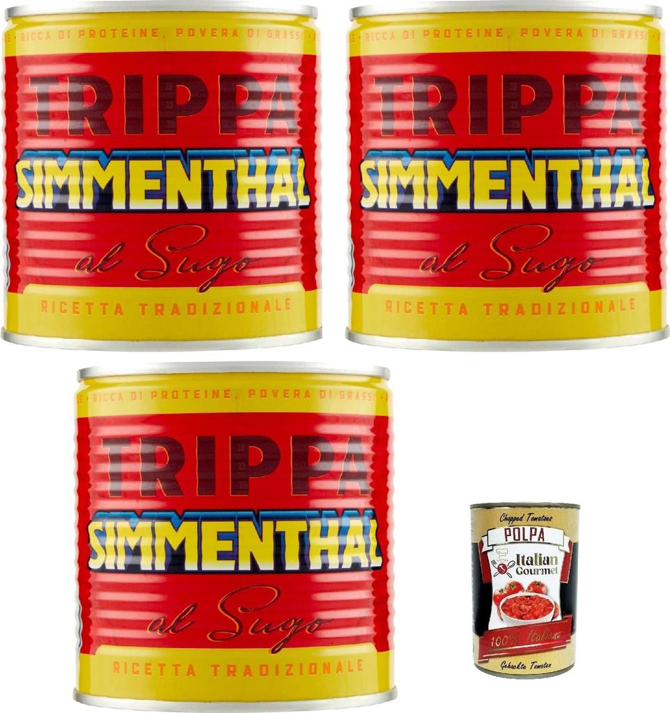 SIMMENTHAL Trippa al sugo, Kaldaunen 3x 420 g Kutteln Fleisch in dose tripe italien + Italian Gourmet polpa 400g