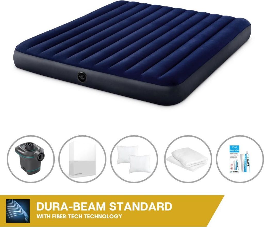 Intex Luftbett - 2 Personen - 183 x 203 x 25 cm - Blau + Intex Elektropumpe - 650 Liter/Min + Spannbettlaken Weiß + Kopfkissen + Molton 2 in 1 Kis...