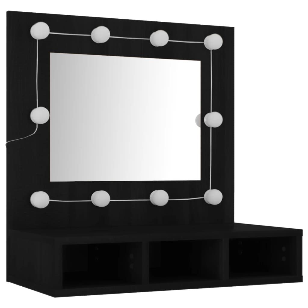 A black vanity mirror with lights and storage shelves.