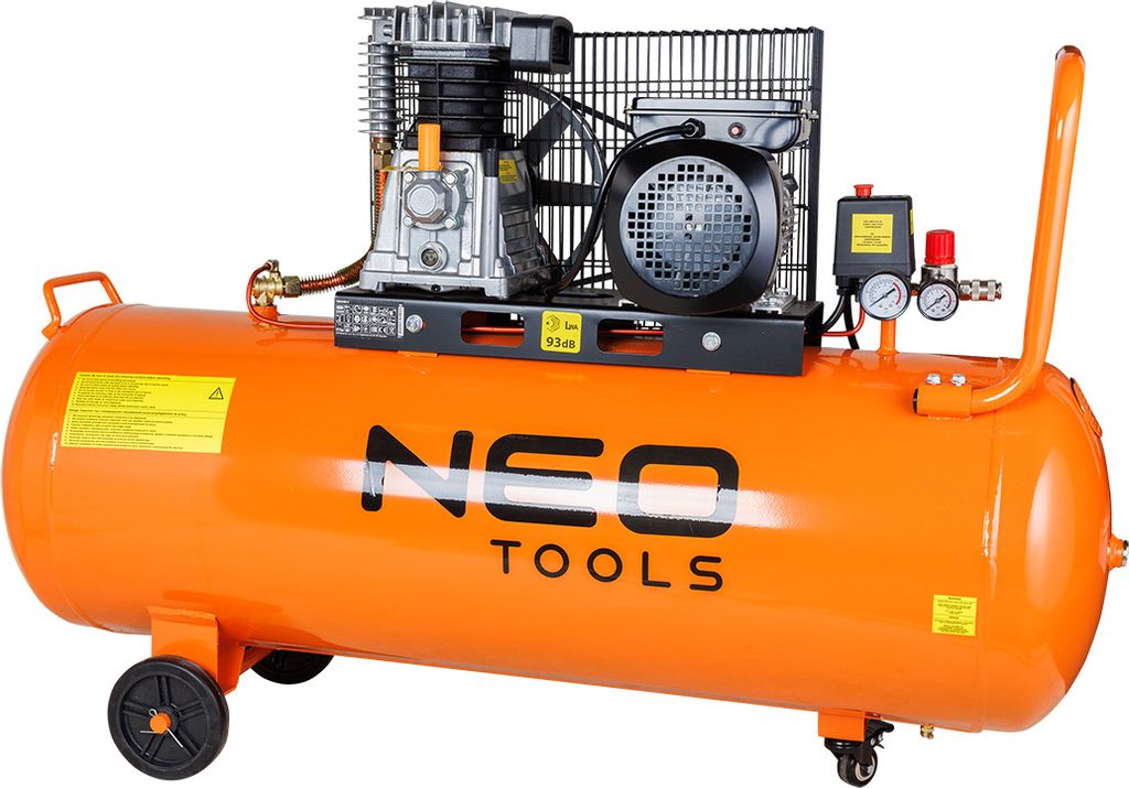 An orange air compressor with the brand name 'NEO TOOLS' prominently displayed.