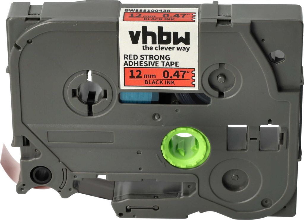 vhbw Schriftband-Kassette kompatibel mit Brother PT E300VP, E500, E500VP, E550W Etiketten-Drucker 8m x 12mm Schwarz auf Rot, Extra Stark, Laminiert
