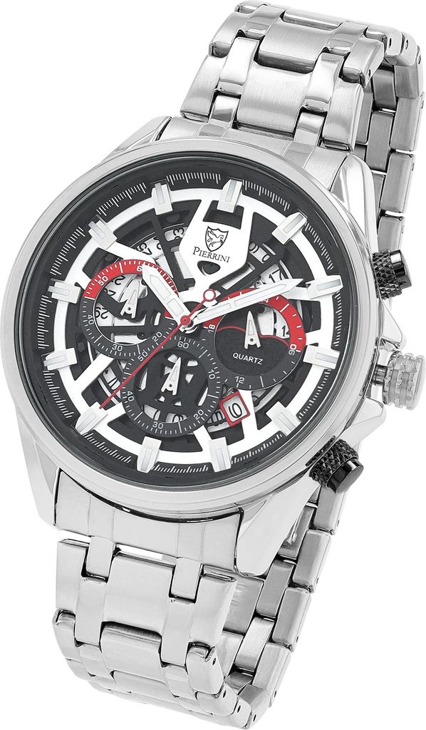 Pierrini Herrenuhr mit Edelstahlband, Chronograph, Ø 44 mm, silberfarben/ schwarz-weiß
