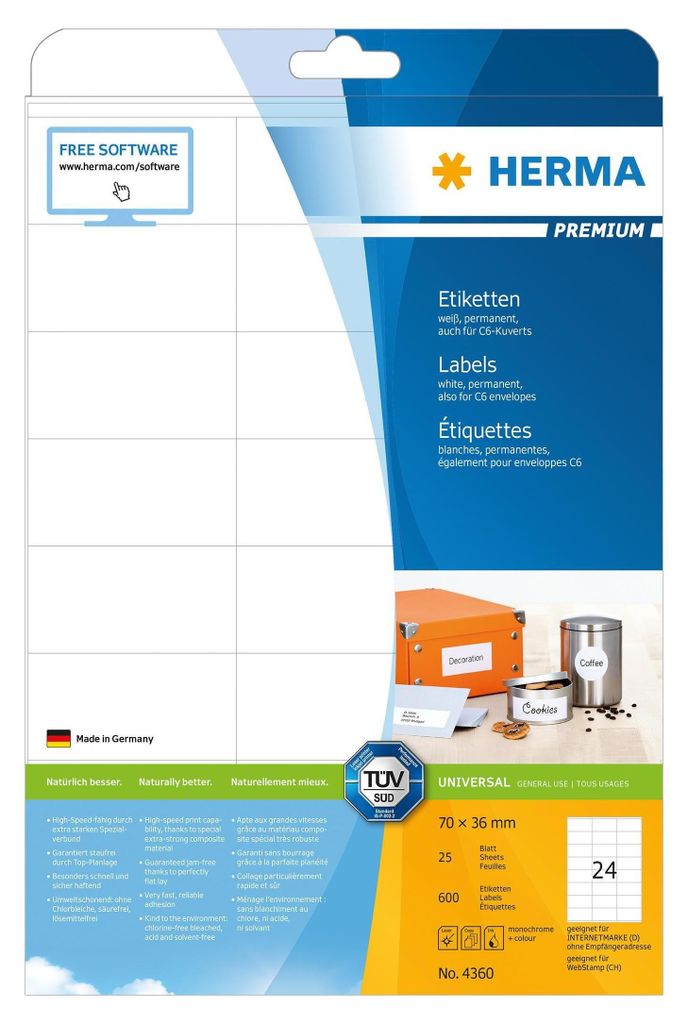 HERMA 4360, Biela, Samolepiaci štítok, A4, Papája, Obrázok produktu 
