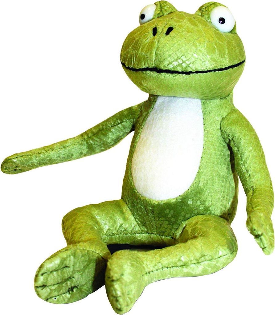 A stuffed frog toy is sitting and facing the camera.