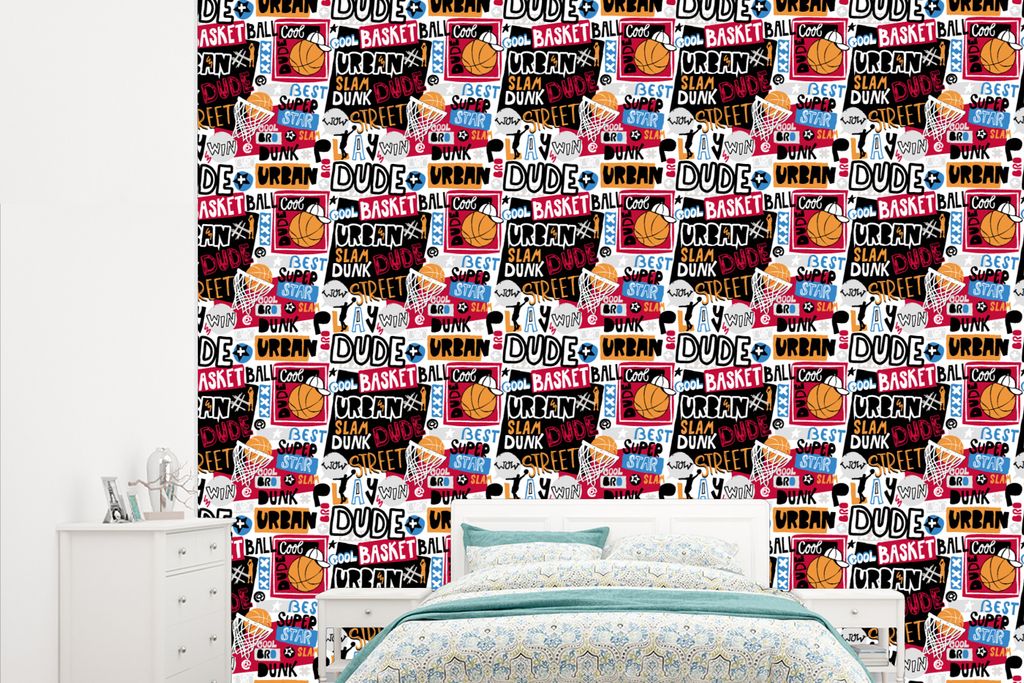 MuchoWow Fototapete für Wohnzimmer oder Schlafzimmer Wandtapete Vinyl Motivtapete Basketball - Zitate - Muster - Alphabet - 315x260 cm - Gemustert
