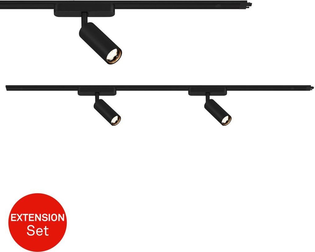 Two black track light fixtures are mounted on black tracks against a white background. An overlay in the bottom left corner reads 'EXTENSION Set' in red.