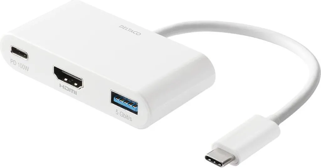 Adaptateur Multiport USB-C vers HDMI Deltaco pour télétravail Blanc
