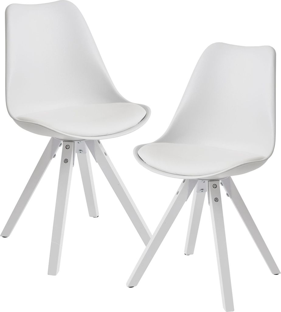 WOHNLING 2er Set Retro Esszimmerstuhl Weiß Skandinavisch Polsterstuhl Rückenlehne Küchenstuhl mit weißen Beinen Stuhl Kunstleder gepolstert