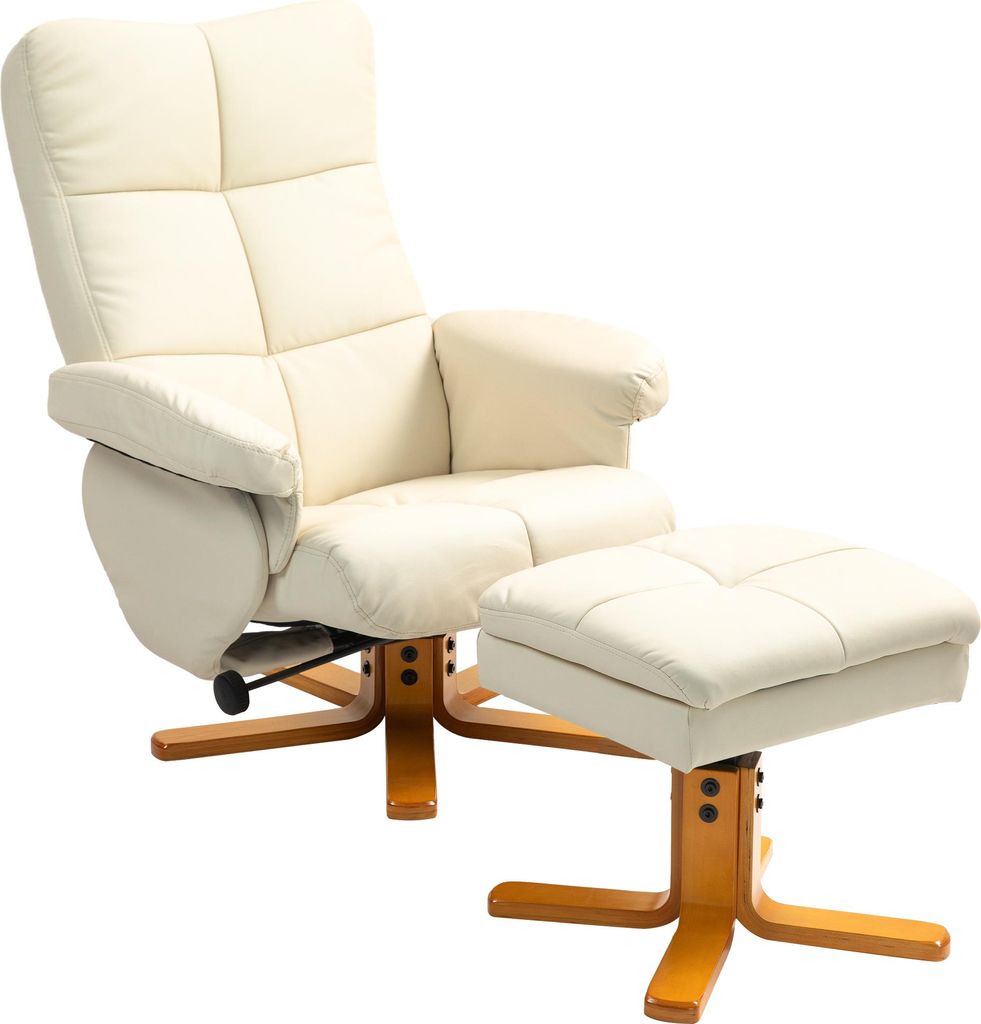 Relaxsessel mit Hocker, 145° neigbare Rückenlehne, 360° drehbar, Kunstleder, Cremeweiß