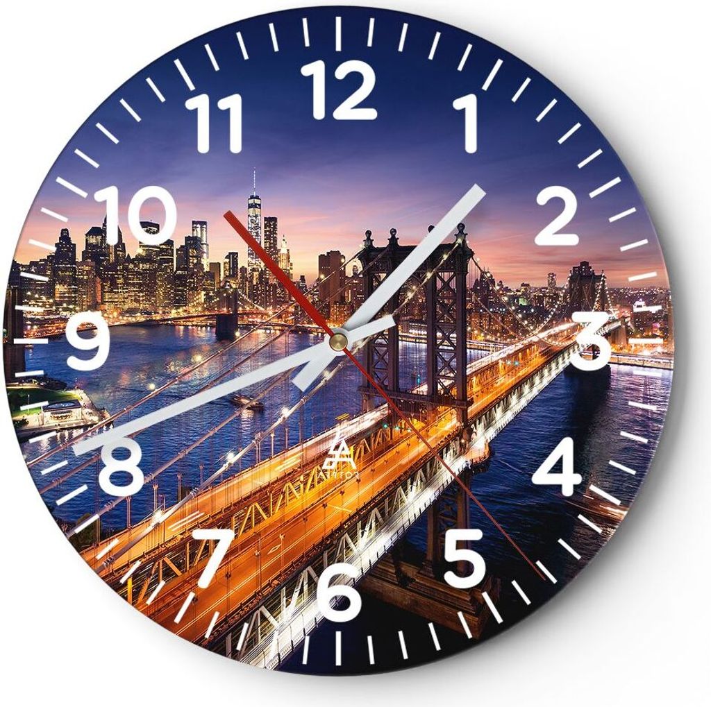 Wanduhr - Rund - Glasuhr - Usa amerika new york manhattan - 30x30cm - Schleichendes Uhrwerk - Lautlos - zum Aufhängen bereit - Dekoration Modern -...