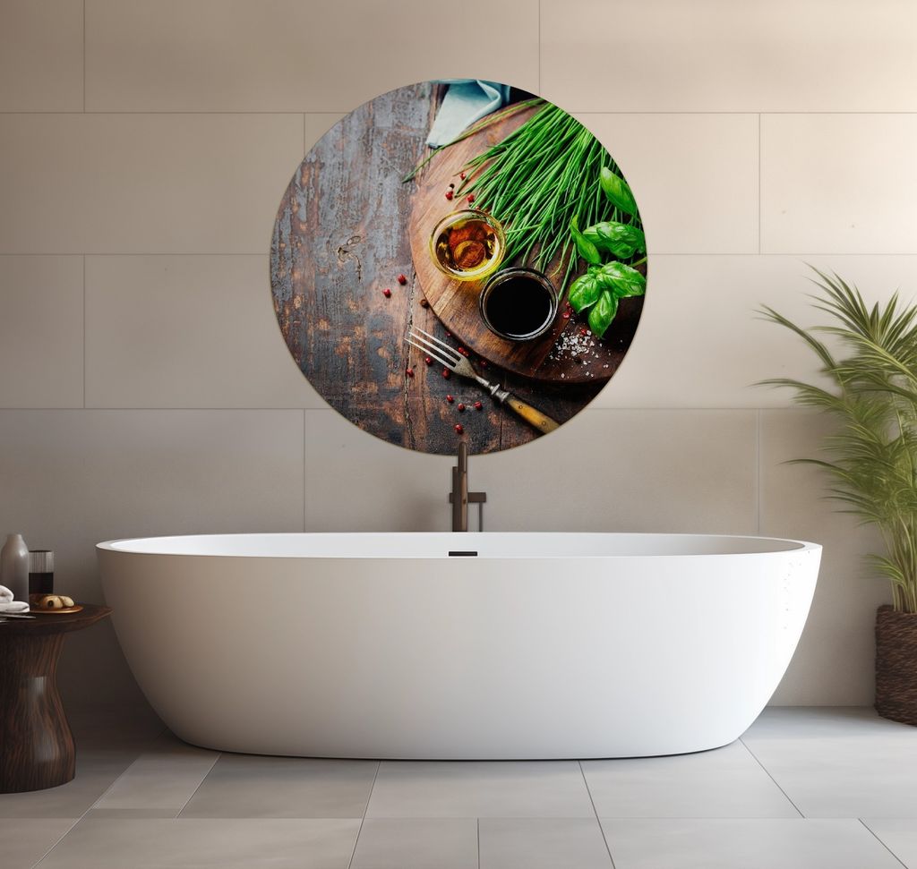 Wallario wasserfestes Poster selbstklebend 90 x 90 cm, Kräuter, Öle und Gewürze auf einem Holzbrett, Badezimmerposter Spritzschutz mit Hochglanz...