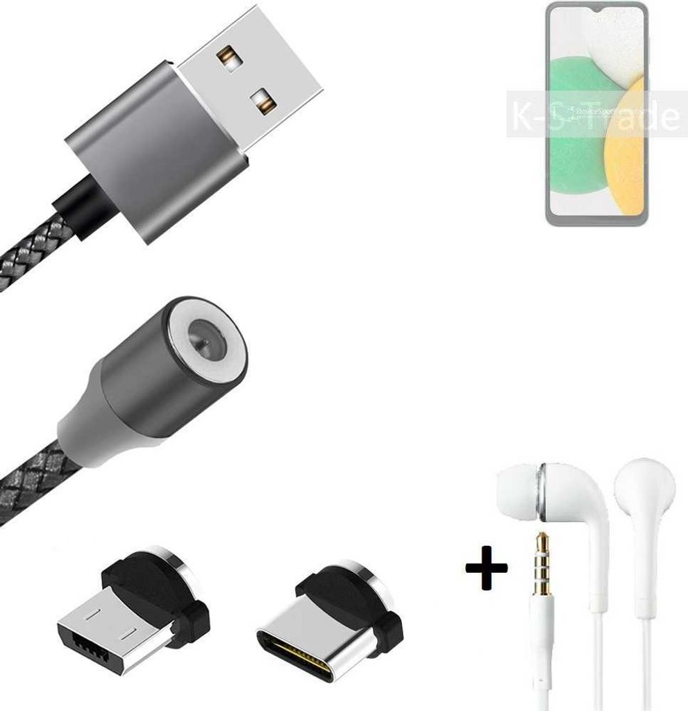 K-S-Trade Hochwertiges Magnet-Lade-kabel Sync-Kabel Daten-Kabel + Kopfhörer kompatibel mit Samsung Galaxy A04 Core mit USB-Typ-C-Anschluss und