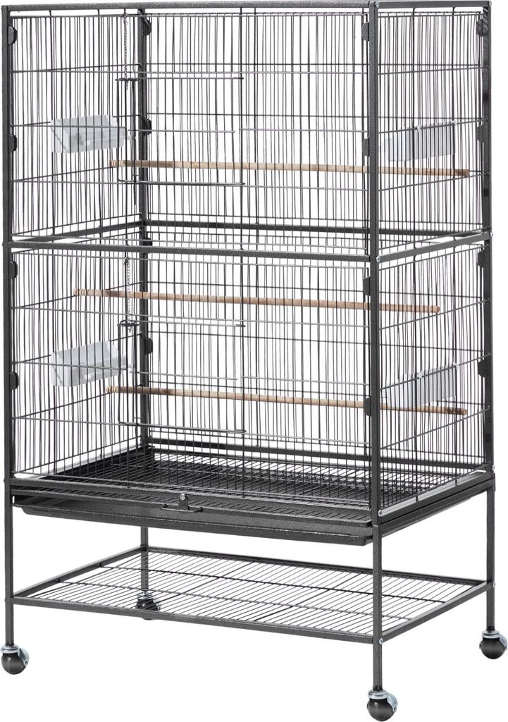 SucceBuy Großer Vogelkäfig aus Schmiedeeisen, 800x520x1320 mm, mit Sitzstangen, herausnehmbarer Schale, Kunststoff-Futternäpfen und Rollen, geei...