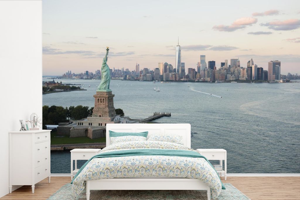 MuchoWow Fototapete für Wohnzimmer oder Schlafzimmer Wandtapete Vinyl Motivtapete New York - Freiheitsstatue - Amerika - 525x350 cm - Das Hinter...