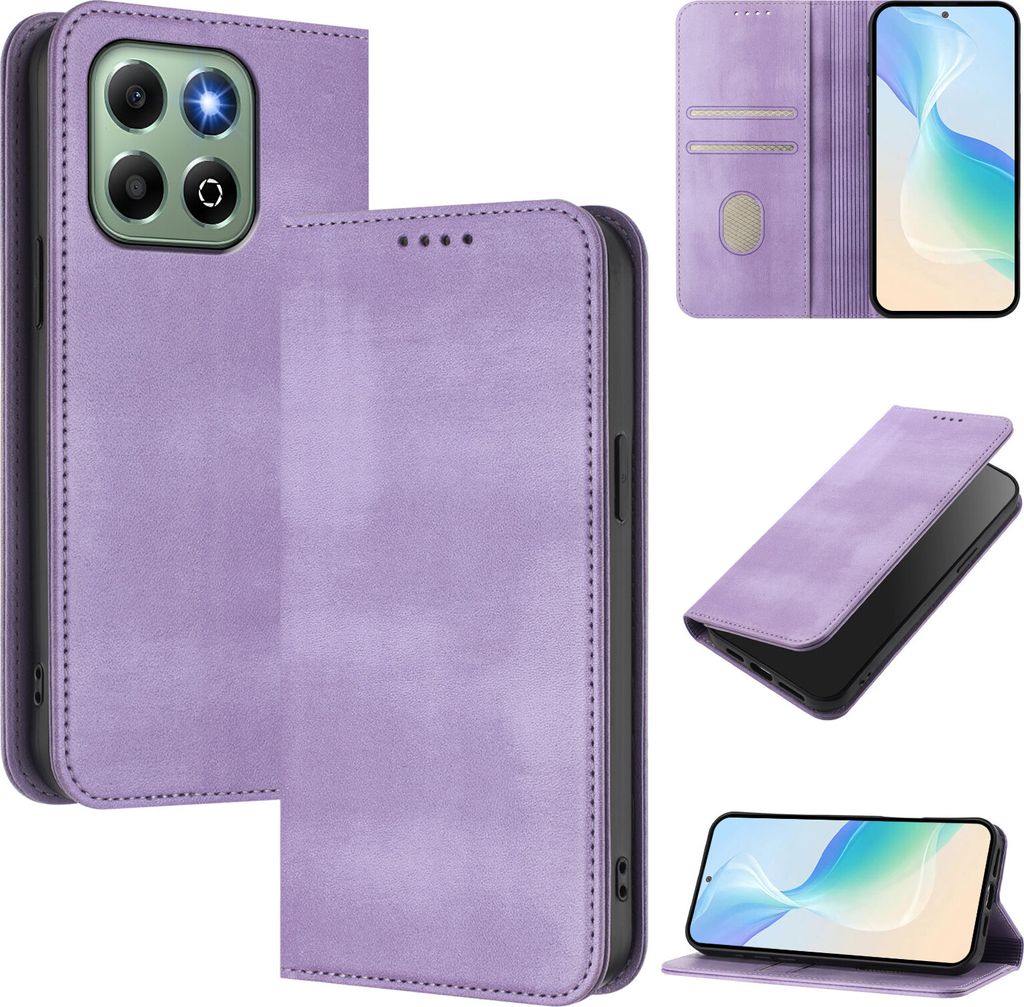 Handyhülle für Honor X6b/Honor X6a, Vintage Leder RFID Schutz Kartenfach Standfunktion Magnetische Klapphülle Violett