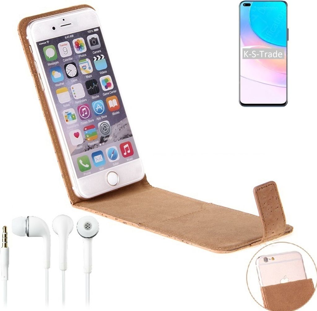 K-S-Trade Schutzhülle mit Kopfhörer kompatibel mit Huawei nova 8i Handyhülle Cover Kork Tasche Flipstyle Case