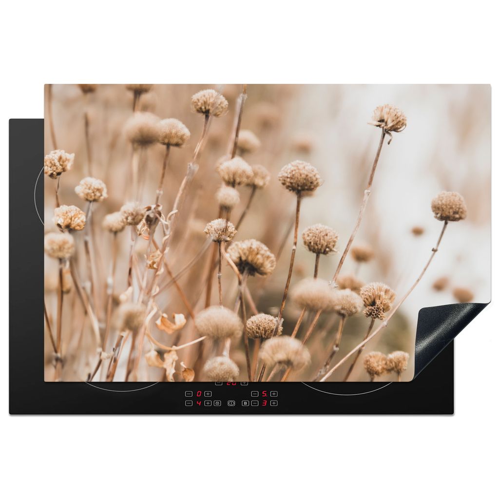 KitchenYeah Herdabdeckplatte Getrocknete Blumen - Beige - Natur , 76x51cm, Küche Deko, Glaskeramikkochfeld Herdabdeckung, Abdeckplatte fùr Koch...