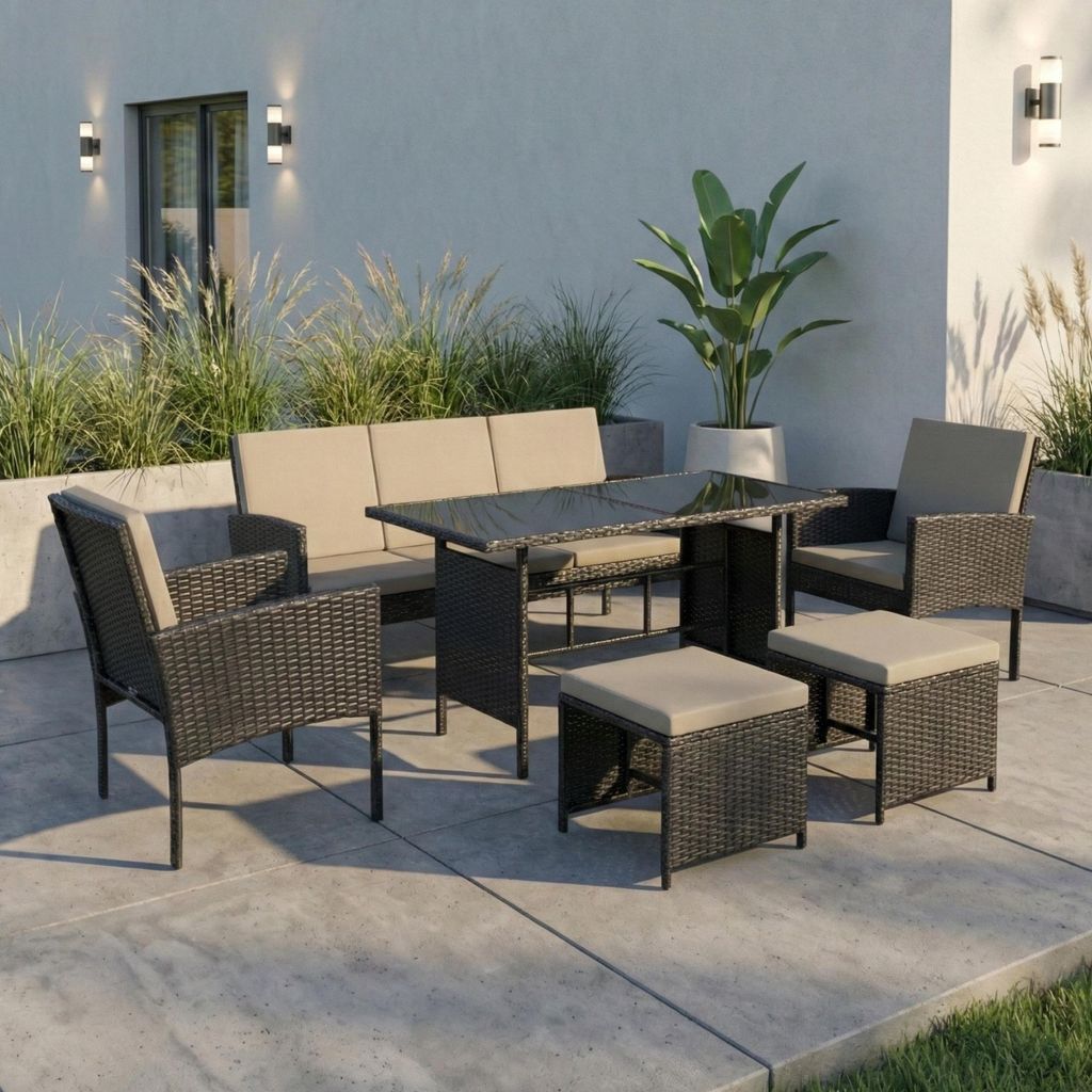 Home Collective Gartenmöbel Set 7-Sitzer | Lounge Outdoor Gartenlounge | 3-Sitzer-Sofa 2 Stühle 2 Hocker | mit gehärteter Glasplatte & Polster f...