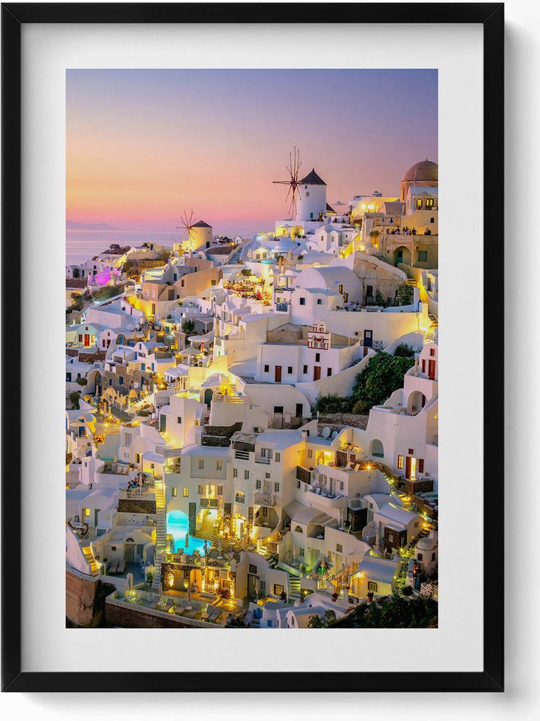 Santorini Architektur am Abend Griechenland– Wandbild mit Rahmen – Gerahmtes Bild – Wanddekoration – 50x70 cm – Schwarz Rahmen