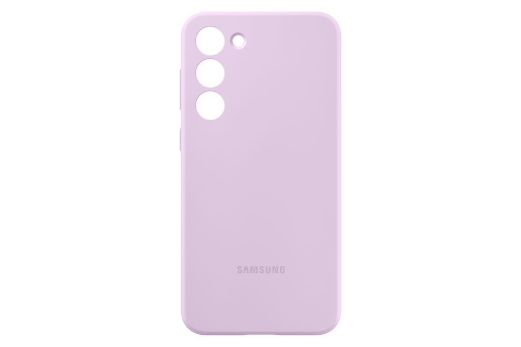 A lavender Samsung silicone phone case is shown from the back on a white background.
