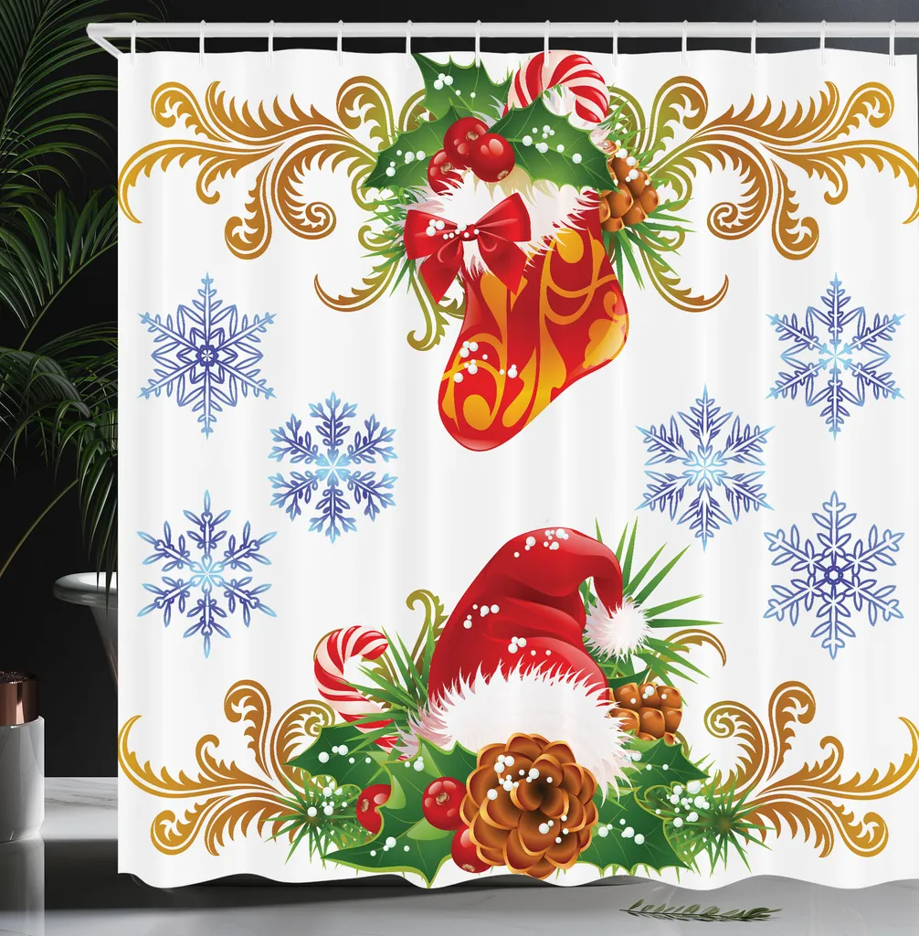ABAKUHAUS Tenda da doccia natalizia, ghirlanda dell'Avvento come decorazione natalizia con motivo a fiocchi di neve cristallini, bastoncini di zucchero e cappellini, set di decorazioni per il bagno in tessuto con ganci, 175x240 cm, multicolore - 3
