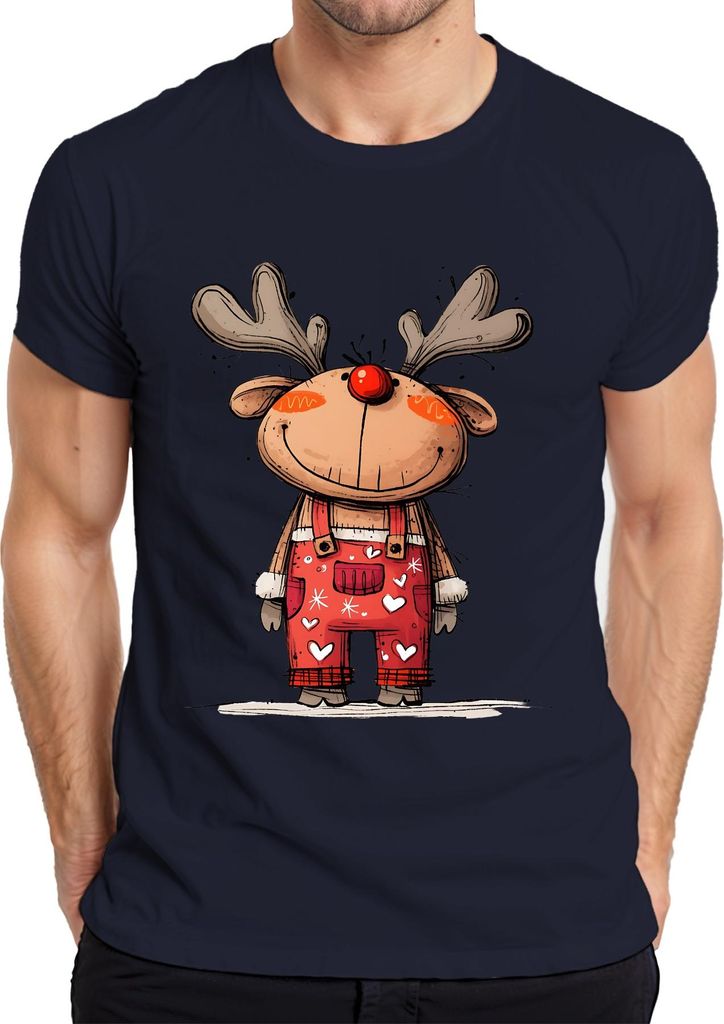 Rudolf Rentier rote Nase Weihnachten niedlich Geschenk Cartoon Herren T-Shirt, Navy, XL