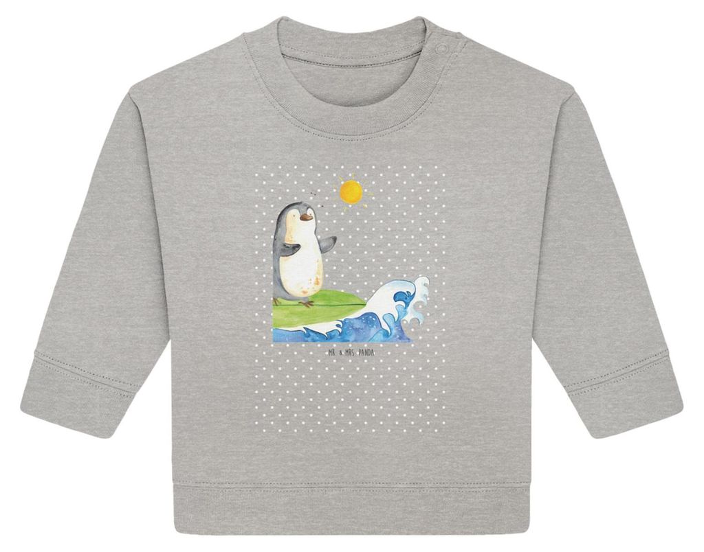 Mr. & Mrs. Panda Organic Baby Pullover Pinguin Surfer 6. - 12. Monat - Heather Grey - Geschenk, Urlaub, Bullover, Wellen, Motiviert, Optimistisch, ...