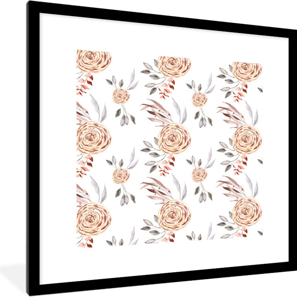 MuchoWow Gerahmtes Poster Rosen - Gold - Weiß 40x40 cm - Poster mit Schwarzem Bilderrahmen Wandposter Rahmen Foto Bilder - Poster - Plakat im Ra...
