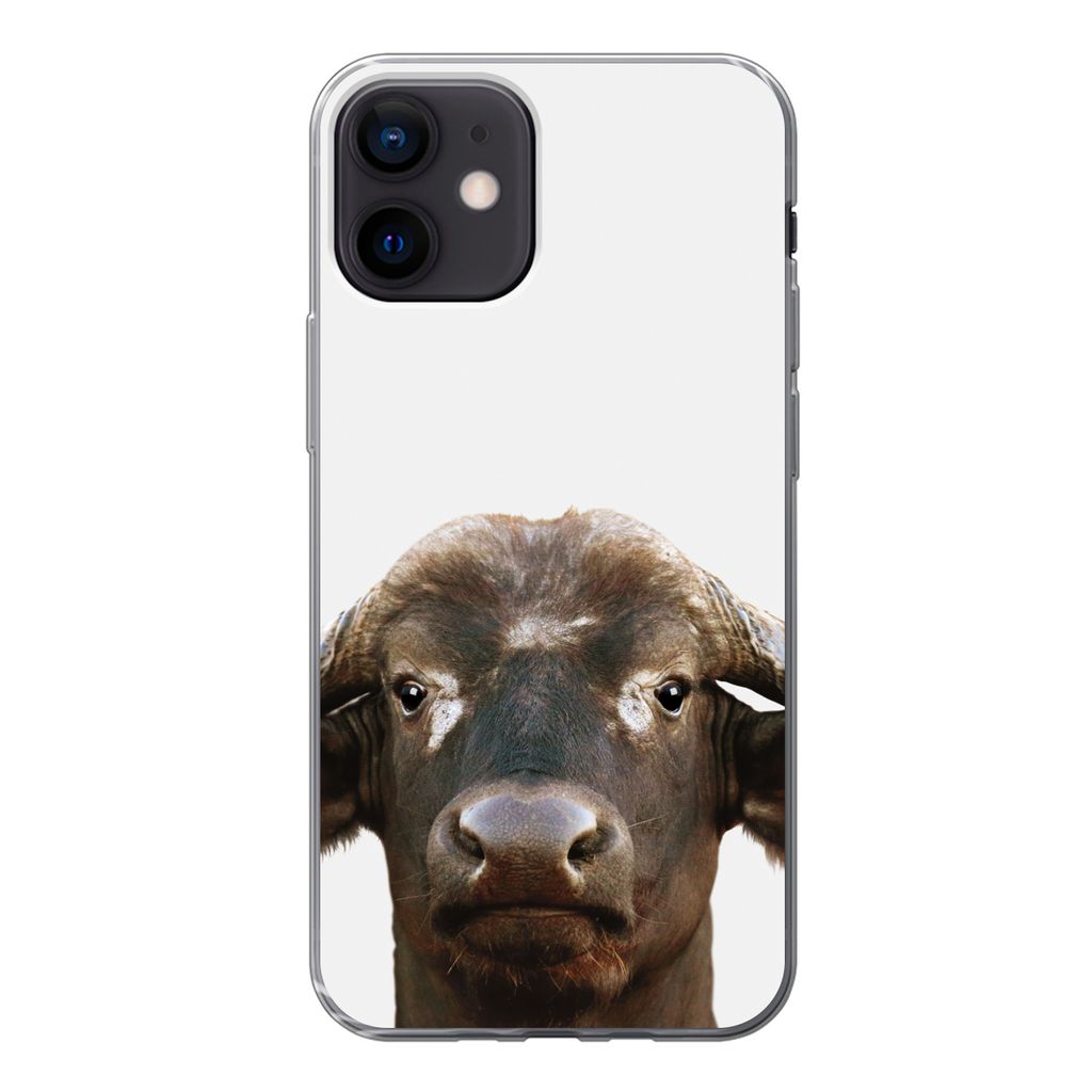 MuchoWow Handyhülle Schutzhülle Hülle für iPhone 12 Büffel - Wasserbüffel - Kopf - Kuh - Hörner - Jungen - Mädchen Silikon Softcase Handy...