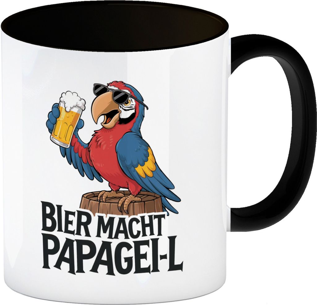 Bier macht papagei-l Comic-Papagei mit Bierglas Kaffeebecher in schwarz