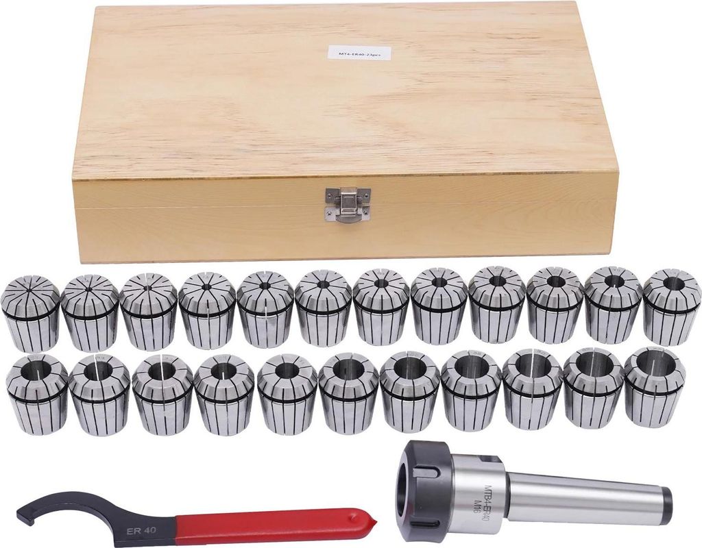 ER40 Spannzangensatz - MK4/MT4 Spannzangenfutter - 23-teilig - 4–26 mm - M16 Gewinde - Mit Schlüssel - Silber