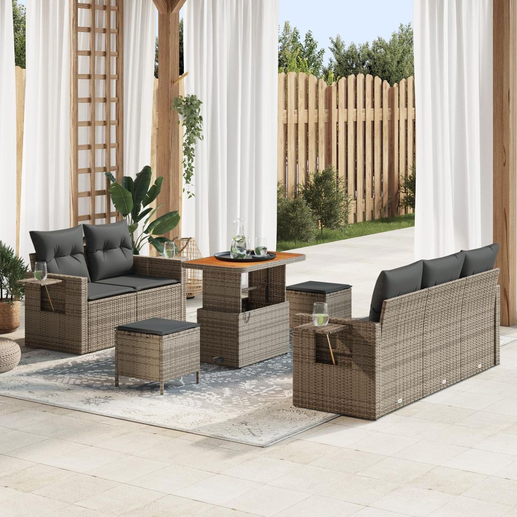 8-tlg. Garten-Sofagarnitur mit Kissen Grau Poly Rattan Akazie, Design Gartensofas Neu