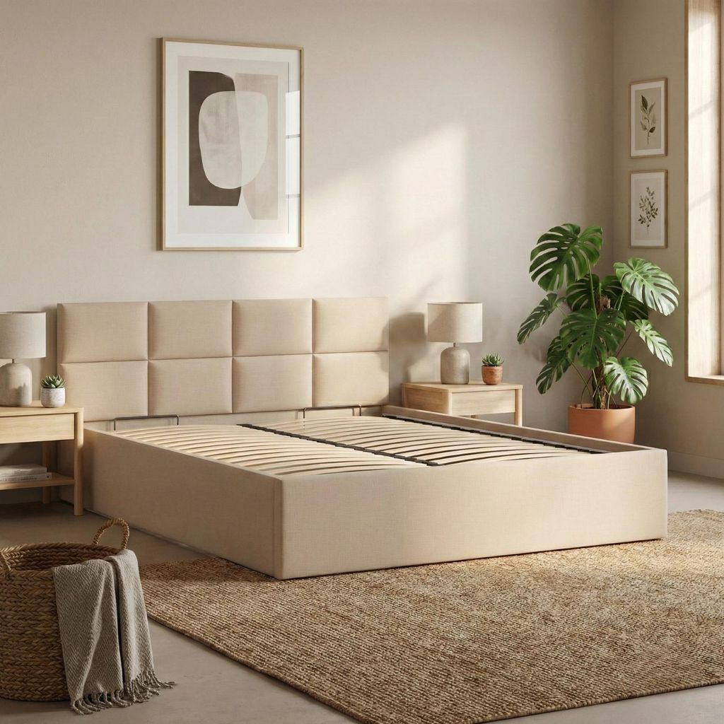Polsterbett BORGO 160x200 mit Holzlattenrost, Doppelbett ohne Bettkasten, stabiles Bettgestell Beige Geflecht