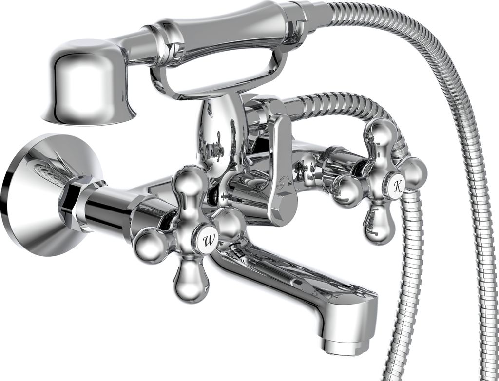A chrome bathtub faucet with a handheld shower attachment.
