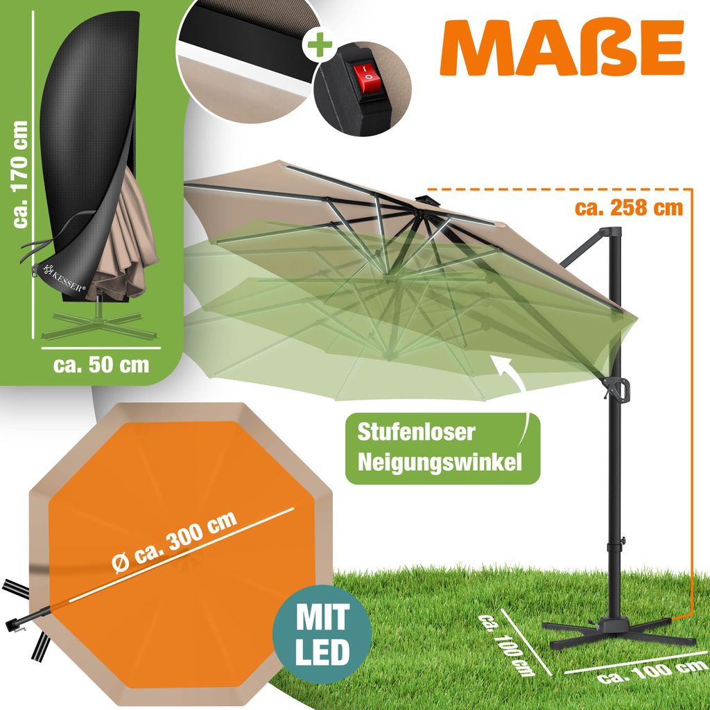 KESSER® Sonnenschirm Ampelschirm SUN Ø330cm, 7-fach Produktbild 
